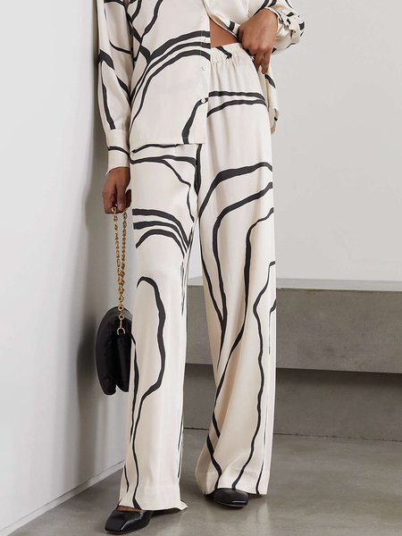 

Urban Abstract Stripes Loose Mid Waist Pants, White, Pants