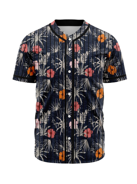 

Stripe Floral Short Sleeve Baseball Shirt, Deep blue, Baseball Shirts