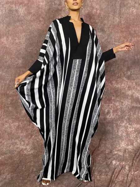 

Striped Notched Casual Long sleeve Dress, Black-white, Maxi Dresses