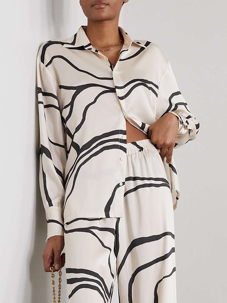 

Loose Urban Abstract Stripes Shirt Collar Blouse, White, Blouses and Shirts