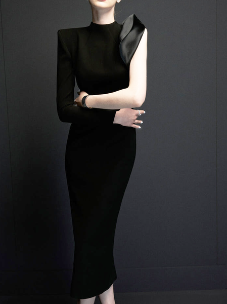 

Elegant Stand Asymmetric Sleeves Dress, Black, Midi Dresses