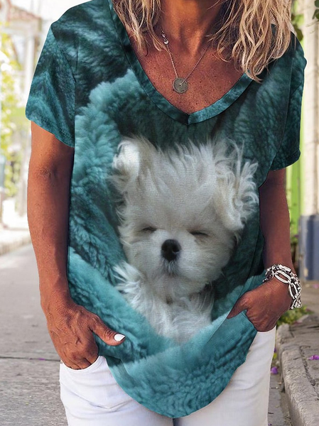 

Women's Funny Dog Loose Simple Crew Neck T-Shirt, Green, T-shirts
