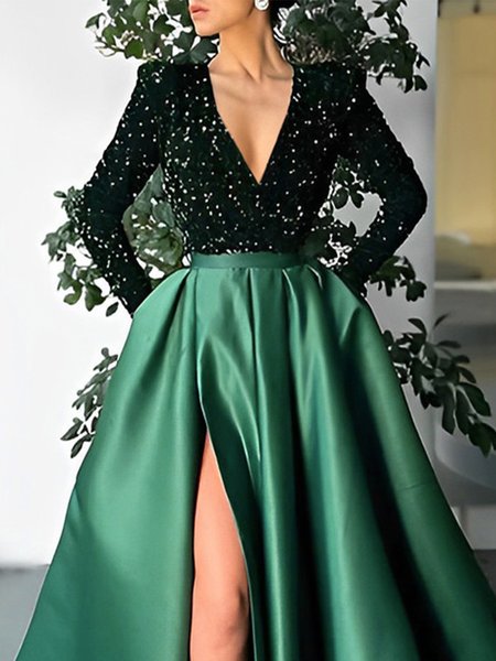 

Plain Elegant Tight Long Sleeve Deep V Neck Shirt, Green, Blouses and Shirts