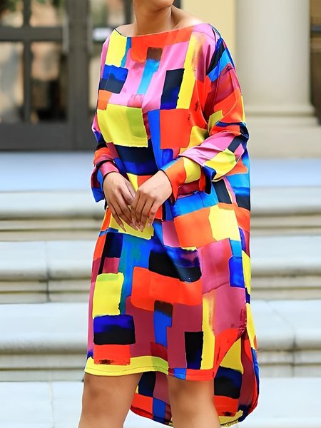 

Geometric Urban Boat Neck Long sleeve Dress, Multicolor, Mini Dresses