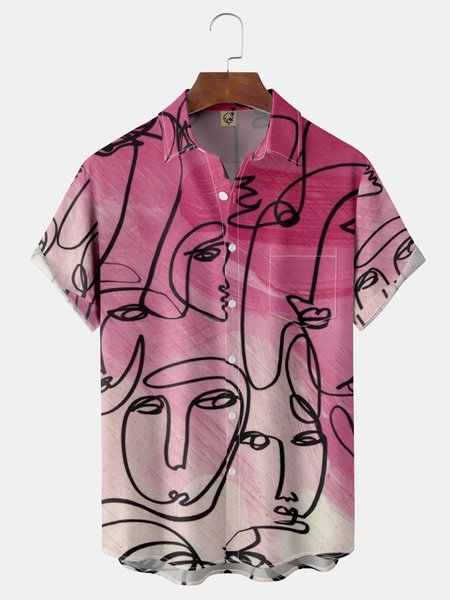 

Abstract Print Chest Pocket Short Sleeve Casual Shirt, Pink-white, Men Shirts