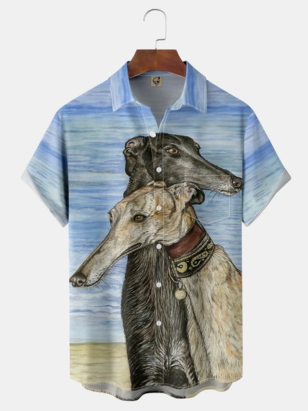 

Animal Dog Chest Pocket Short Sleeve Casual Shirt, Blue, Men Shirts