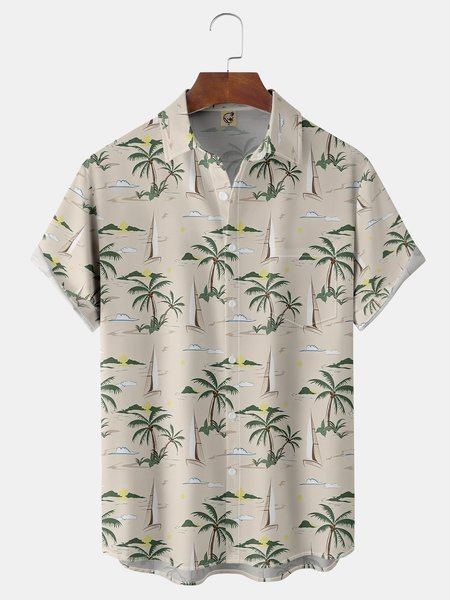

Coconut Tree Chest Pocket Short Sleeve Hawaiian Shirt, Light khaki, Men Shirts