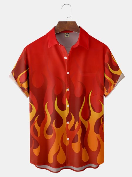 

Flame Chest Pocket Short Sleeve Casual Shirt, Red, Men Shirts
