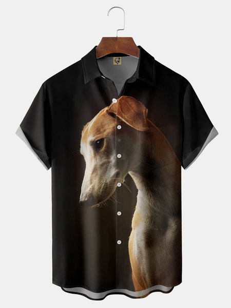 

Greyhound Dog Chest Pocket Short Sleeve Casual Shirt, Black, Men Shirts