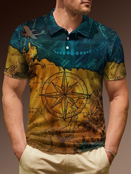 

Ombre Ocean Compass Short Sleeve Polo Shirt, Khaki, Polo Shirts