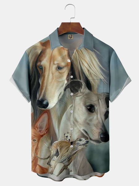 

Animal Dog Chest Pocket Short Sleeve Casual Shirt, Blue, Men Shirts