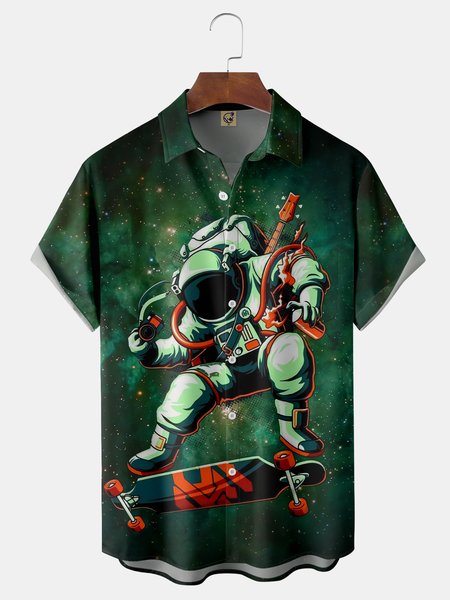 

Astronaut Slide Chest Pocket Short Sleeve Casual Shirt, Green, Men Shirts