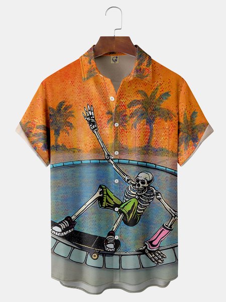 

Skull Slide Chest Pocket Short Sleeve Casual Shirt, Orange, Men Shirts