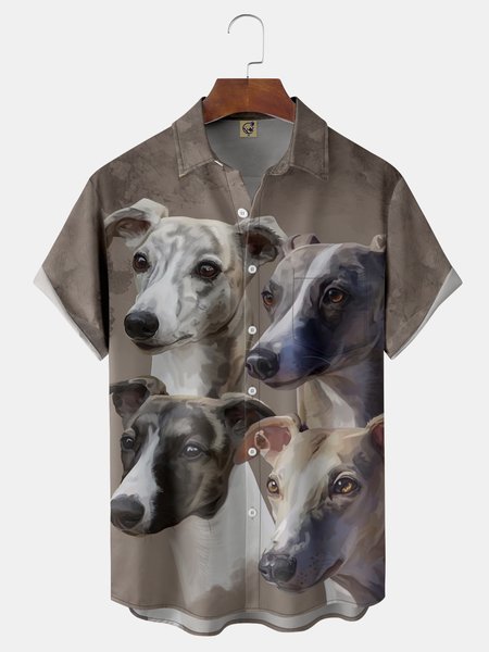 

Animal Dog Chest Pocket Short Sleeve Casual Shirt, Taupe, Men Shirts