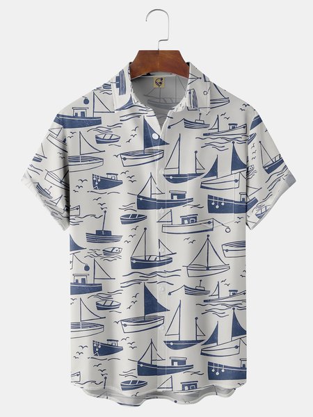 

Sailboat Chest Pocket Short Sleeve Casual Shirt, White, Men Shirts