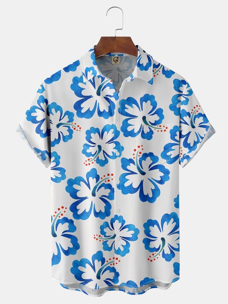 

Flowers Chest Pocket Short Sleeve Hawaiian Shirt, White, Men Shirts