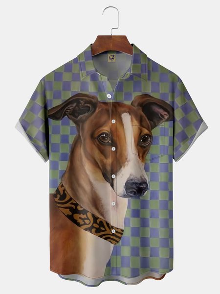 

Animal Dog Chest Pocket Short Sleeve Casual Shirt, Purple, Men Shirts