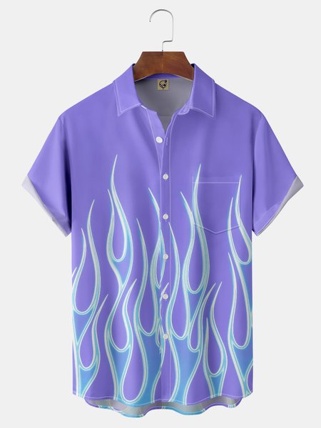 

Flame Chest Pocket Short Sleeve Casual Shirt, Purple, Men Shirts