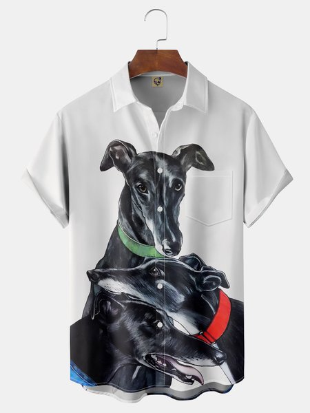 

Greyhound Dog Chest Pocket Short Sleeve Casual Shirt, White, Men Shirts
