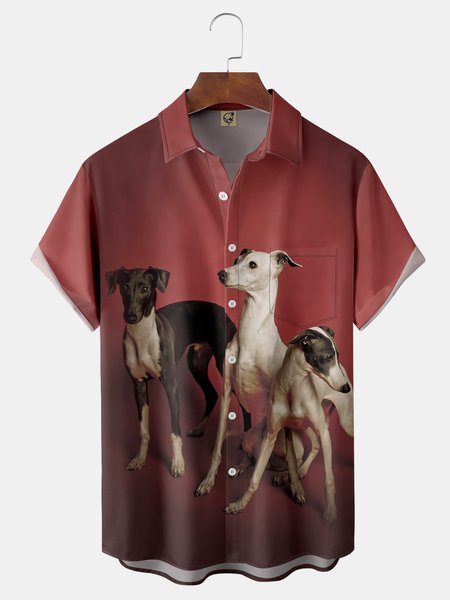 

Animal Dog Chest Pocket Short Sleeve Casual Shirt, Red, Men Shirts