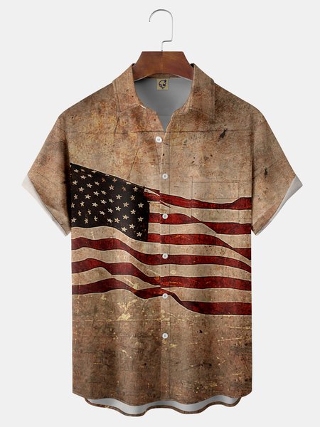 

American Flag Chest Pocket Short Sleeve Casual Shirt, Brown, Men Shirts