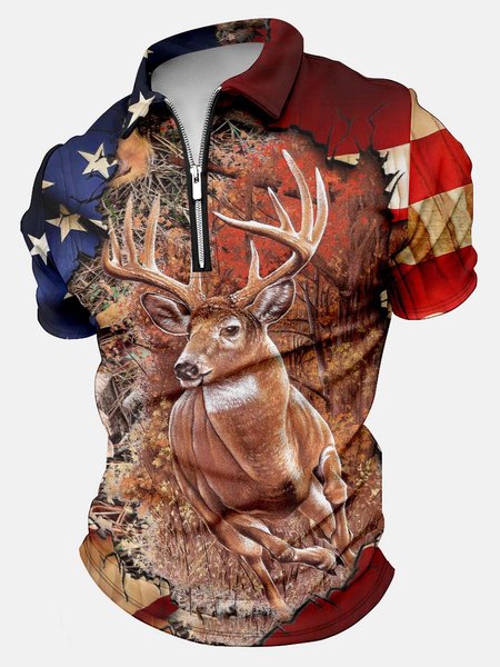 

Men’s Elk Casual America Flag Regular Fit Polo Collar Polo Shirt, As picture, T-shirts