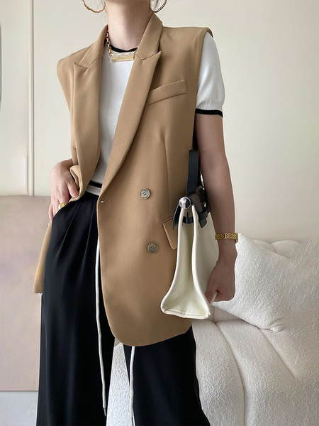 Elegant Plain Shawl Collar Regular Fit Vest, Khaki, Vests and Gilets