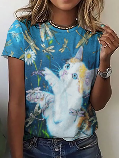 

Women’s Cat Playing With Dragonflies Animal Loose Casual Cotton-Blend T-Shirt, As picture, T-shirts