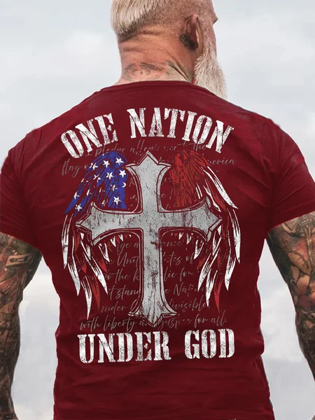 

Men‘s One Nation Under God Cotton Casual Letters T-Shirt, Red, T-shirts