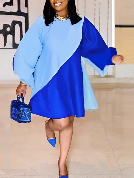 

Elegant Loose Crew Neck Long Sleeve Mini Dress, Blue, Mini Dresses