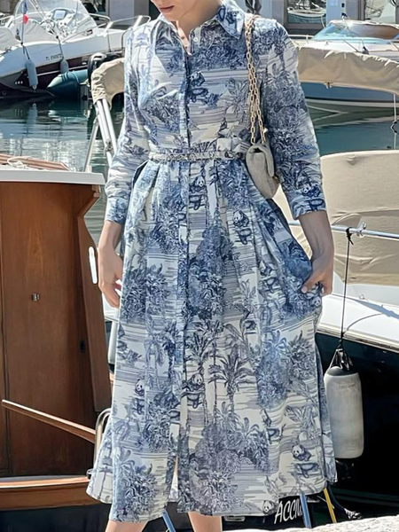 

Regular Fit Shirt Collar Floral Elegant Dress, Blue, Maxi Dresses