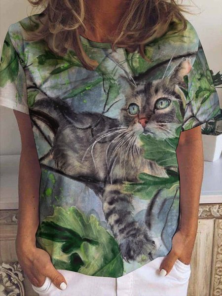 

Women’s Cat And Plant Pattern Cotton-Blend Crew Neck Casual Animal T-Shirt, As picture, T-shirts
