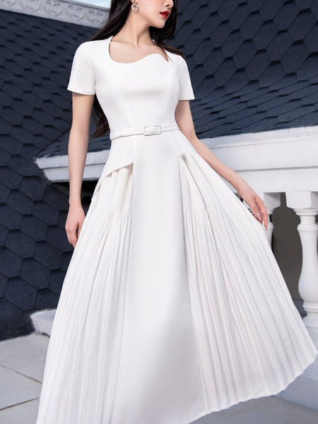 

Asymmetrical Plain Elegant Curve Neckline Dress, White, Wedding Guest Dresses