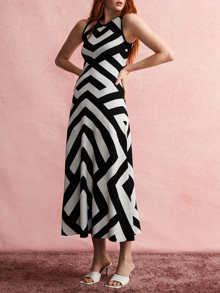 

Elegant Striped Crew Neck Dress, Black-white, Maxi Dresses