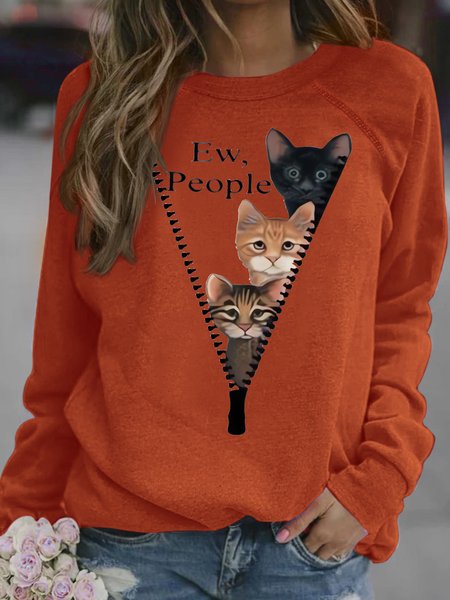 

Women's Ew People Funny Cat Graphic Printing Casual Crew Neck Loose Cat Sweatshirt, Orange, Hoodies&Sweatshirts