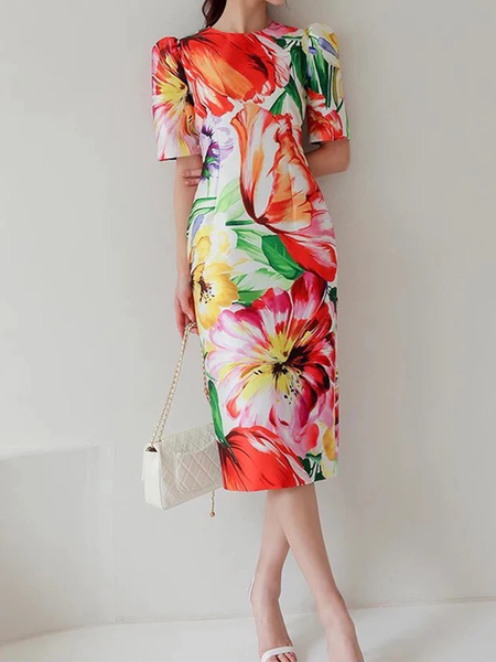 

Stylewe Floral Crew Neck Elegant short sleeve Dress, As picture, Maxi Dresses