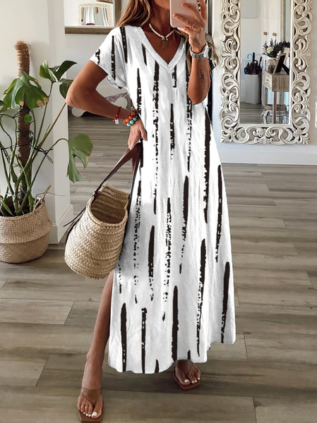 

Plus Size Striped Short Sleeve V Neck Casual Dress, Black-white, Dresses