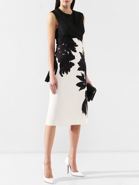 

Elegant Crew Neck Floral Dress, Black-white, Midi Dresses