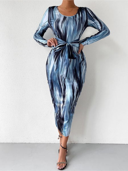 

Ombre Elegant Crew Neck Regular Fit Dress, Blue, Maxi Dresses