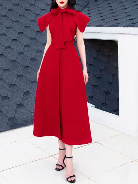

Regular Fit Elegant Bowtie Neck Dress, Red, Wedding Guest Dresses