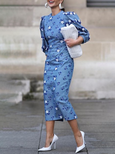 

Regular Fit Crew Neck Elegant Dress, Blue, Maxi Dresses