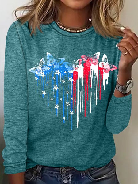 

Women's Butterfly Freedom Print Casual Crew Neck Shirt, Green, Long sleeves