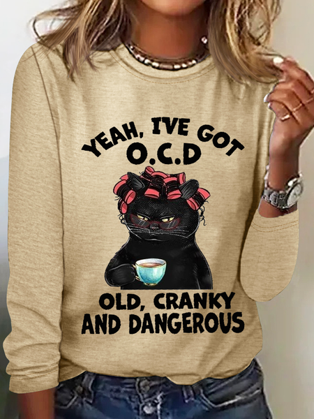 

Women's Funny Word Black cat Yeah I've Got OCD Old Cranky And Dangerous Cotton-Blend Shirt, Khaki, Long sleeves