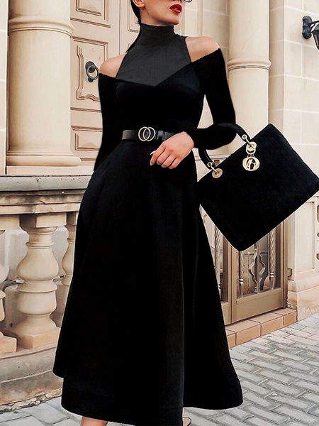 

Knitted Plain Elegant Dress, Black, Midi Dresses