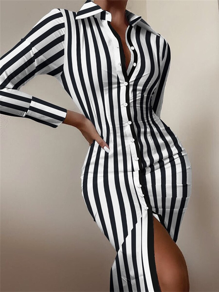 

Shawl Collar Elegant Striped Blouse, Black-white, Blouses and Shirts