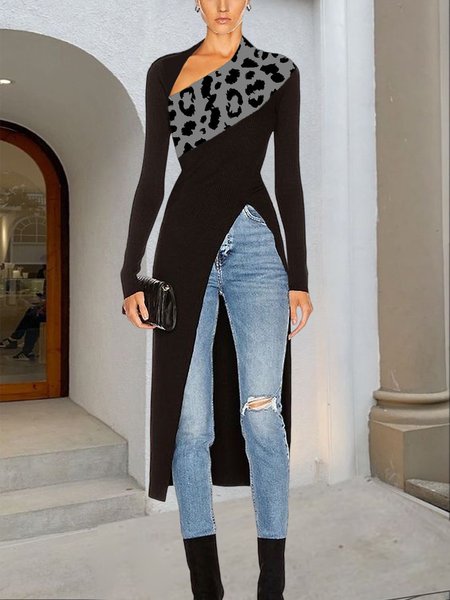 

Asymmetrical Elegant Regular Fit Leopard Shirt, As picture, Blouses and Shirts