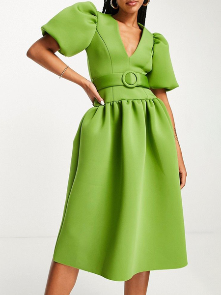 

Regular Fit Plain Elegant Dress, Green, Midi Dresses