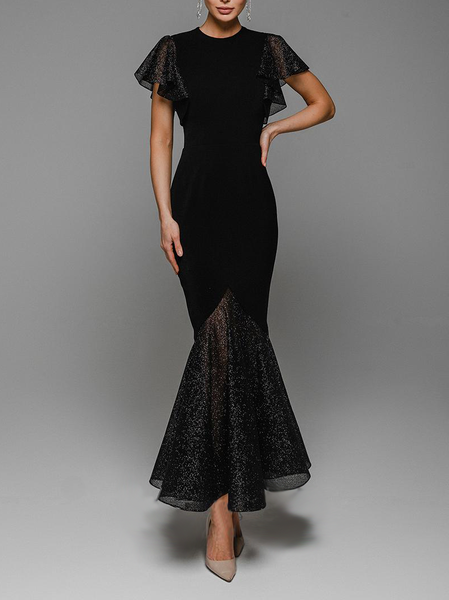 

Elegant Regular Fit Plain Dress, Black, Maxi Dresses