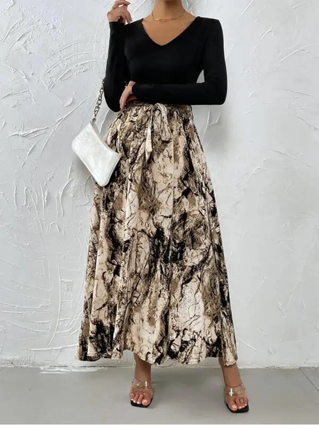 

V Neck Elegant Abstract Dress, Black, Maxi Dresses