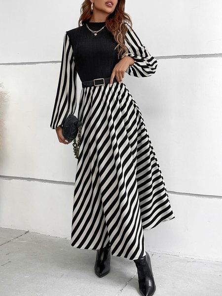 

Striped Mock Neck Lantern Sleeve Dress Without Belt, Black-white, Maxi Dresses